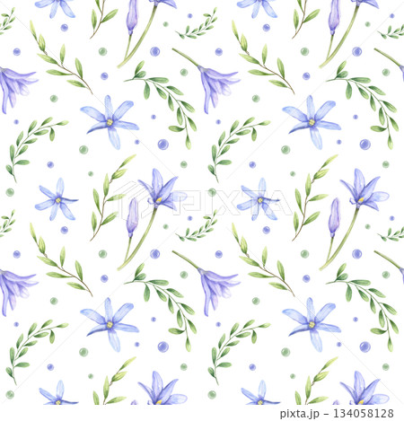 Watercolor blue scilla, green leaves and blue green water drops seamless pattern on isolated background. Spring delicate floral illustration for wedding stationery, textile print, website background. 134058128