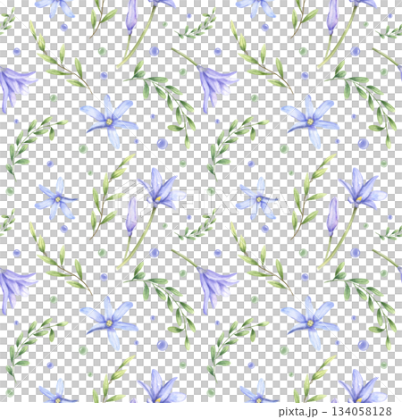 Watercolor blue scilla, green leaves and blue green water drops seamless pattern on isolated background. Spring delicate floral illustration for wedding stationery, textile print, website background. 134058128