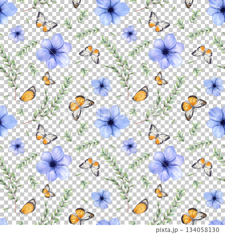 Blue anemones, green foliage and fluttering white orange butterflies watercolor seamless pattern on isolated background. Flowers, branching stems and flying moth illustration for nursery decor. Blue anemones, green foliage and fluttering white orange butterflies watercolor seamless pattern on isolated background. Flowers, branching stems and flying moth illustration for nursery decor. 134058130