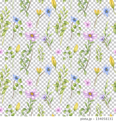 Spring seamless pattern with watercolor yellow tulips, blue anemones, pink cosmos and green leaves on isolated background. Wildflowers illustration for home decor textile, crafting project, gift wrap. Spring seamless pattern with watercolor yellow tulips, blue anemones, pink cosmos and green leaves on isolated background. Wildflowers illustration for home decor textile, crafting project, gift wrap. 134058131