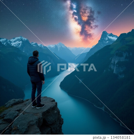 AI generated Nighttime landscape scene, Quiet mountain scene under galaxy with calm 134058181