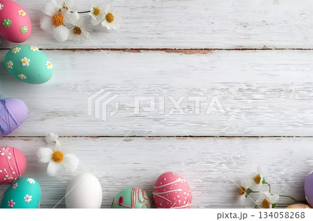 Easter background image with free space for text. Top view of white wooden surface. Easter background image with free space for text. Top view of white wooden surface. 134058268