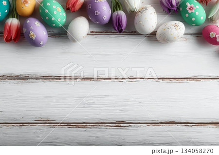 Easter background image with free space for text. Top view of white wooden surface. 134058270