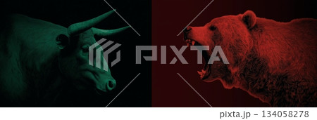 Bull and bear market financial trends concept. Bull and bear symbols depicting contrasting financial market movements and investment strategies Bull and bear market financial trends concept. Bull and bear symbols depicting contrasting financial market movements and investment strategies 134058278