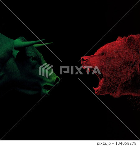 Bull and bear market financial trends concept. Bull and bear symbols depicting contrasting financial market movements and investment strategies Bull and bear market financial trends concept. Bull and bear symbols depicting contrasting financial market movements and investment strategies 134058279