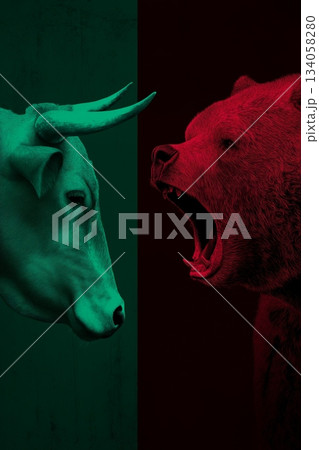 Bull and bear market financial trends concept. Bull and bear symbols depicting contrasting financial market movements and investment strategies 134058280