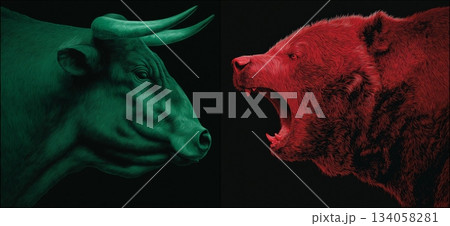 Bull and bear market financial trends concept. Bull and bear symbols depicting contrasting financial market movements and investment strategies Bull and bear market financial trends concept. Bull and bear symbols depicting contrasting financial market movements and investment strategies 134058281