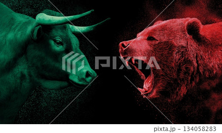 Bull and bear market financial trends concept. Bull and bear symbols depicting contrasting financial market movements and investment strategies Bull and bear market financial trends concept. Bull and bear symbols depicting contrasting financial market movements and investment strategies 134058283