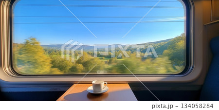 Enjoying a coffee while traveling through scenic autumn countryside seen from a train window. Train journey, European autumn landscape rolling, coffee cup Enjoying a coffee while traveling through scenic autumn countryside seen from a train window. Train journey, European autumn landscape rolling, coffee cup 134058284