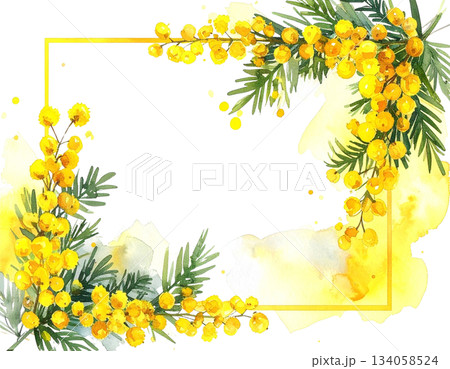 ミモザのスクエアフレーム　水彩イラスト 134058524