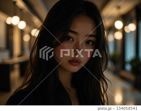 ホテルの通路で振り向くジャケットを着た若い女性 134058541