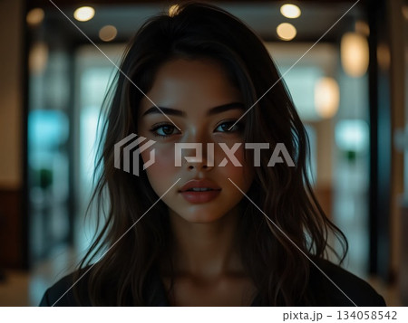 ホテルのロビーに立っているジャケットを着た若い女性 134058542