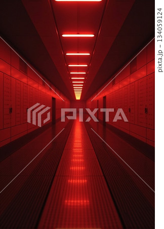 AI generated Endless corridor with shiny panels and overhead lights creating dramatic AI generated Endless corridor with shiny panels and overhead lights creating dramatic 134059124
