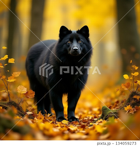 AI generated Lone predator surveys woodland surroundings, Darkcoated wolf observes forest 134059273