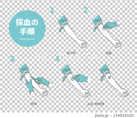 採血の手順イラスト(駆血帯・消毒・穿刺・止血) 採血の手順イラスト(駆血帯・消毒・穿刺・止血) 134059320