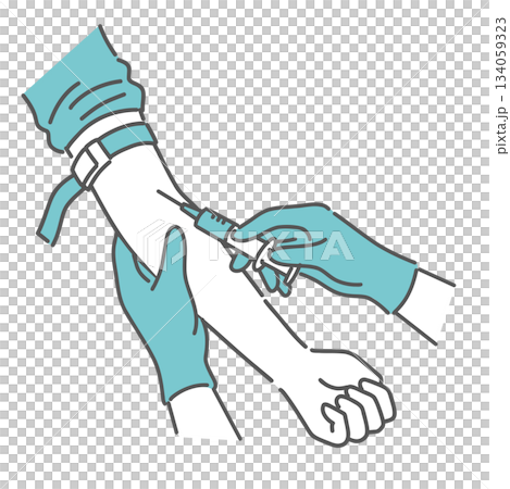 A close-up illustration of the hand taking blood and giving an injection (the moment of puncture) 134059323