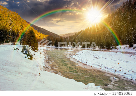 mountain river in winter at sunset. landscape with spruce forest and snow covered shore in evening light. beautiful nature scenery in valley. leadership corporate wallpaper under the rainbow 134059363