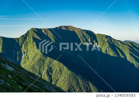 赤石岳への登山道から見るモルゲンロートの聖岳（前聖岳と奥聖岳）南アルプス赤石岳登山 134059393