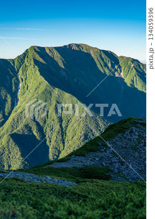 赤石岳への登山道から見るモルゲンロートの聖岳（前聖岳と奥聖岳）南アルプス赤石岳登山 134059396