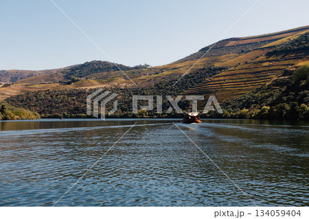 Boat travel sailing on Douro river near terraced vineyards in Portugal Boat travel sailing on Douro river near terraced vineyards in Portugal 134059404
