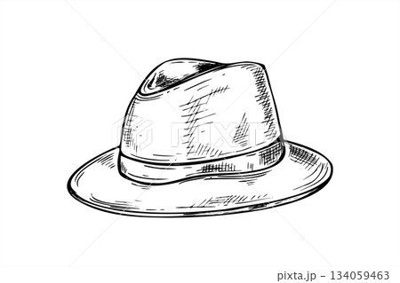 Monochrome felt fedora safari hat vector isolated illustration painted by black inks. Travel Borsalino man headdress accessory for adventure blog graphics, travel agency marketing material 134059463