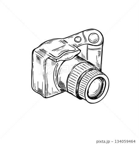 Professional camera with lens extended and ready to shoot vector isolated illustration painted by black inks. Etching drawing of photographer equipment for photography blogs, equipment review article Professional camera with lens extended and ready to shoot vector isolated illustration painted by black inks. Etching drawing of photographer equipment for photography blogs, equipment review article 134059464