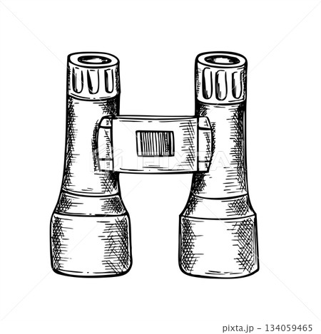 Monochrome travel binoculars vector isolated illustration. Hand drawn tourist optical equipment line art black ink sketch. For travel agency, adventure blog visuals, wildlife observation guides 134059465
