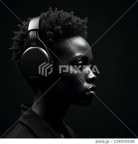 AI generated Artistic depiction of focused woman with textured afro and cinematic lighting AI generated Artistic depiction of focused woman with textured afro and cinematic lighting 134059598