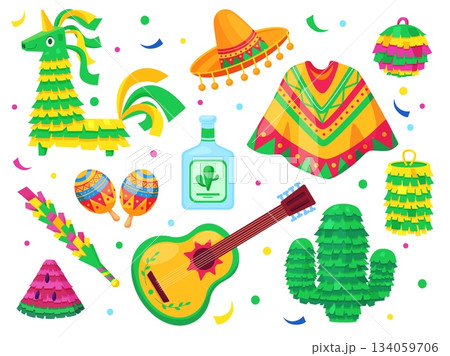 Mexican carnival elements. Poncho, guitar, sombrero hat and tequila bottle. Festive pinata toys with confetti and sweets inside, nowaday vector set 134059706