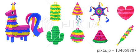Cartoon pinatas. Mexican colorful pinata heart, llama, star, watermelon slice. Bright festival decorations for birthday or party with confetti inside, nowaday vector set Cartoon pinatas. Mexican colorful pinata heart, llama, star, watermelon slice. Bright festival decorations for birthday or party with confetti inside, nowaday vector set 134059707