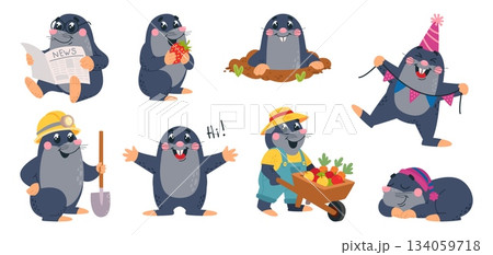 Funny cartoon moles. Adorable mole various activities. Growing plants, digging ground, looking from hole, sleeping, birthday celebration, classy vector animal characters 134059718