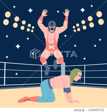 Luchadores wrestlers show. Wrestling championship, fighters in masks and costumes on ring. Lucha libre athletes battle or competition, recent vector scene Luchadores wrestlers show. Wrestling championship, fighters in masks and costumes on ring. Lucha libre athletes battle or competition, recent vector scene 134059721