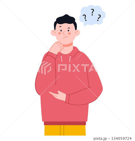 Young man has trouble. Guy thinking about question, find problem solve. Thoughtful, puzzled adult character, student on exam, vector flat person 134059724