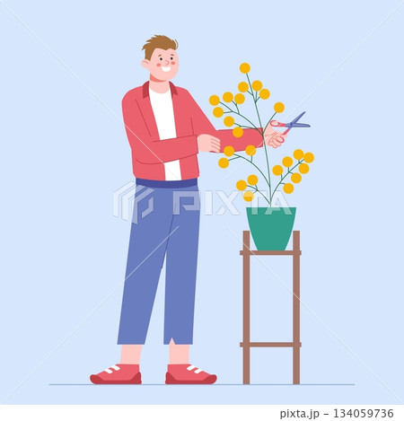 Happy man harvests profits from bush. Investments, dividends and gold coins on potted plant. Young successful investor, vector flat character Happy man harvests profits from bush. Investments, dividends and gold coins on potted plant. Young successful investor, vector flat character 134059736