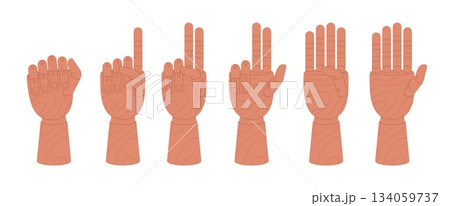Count from zero to five with wooden hand mannequin. Wood hands showing numbers, different poses for painters. Counting teaching vector elements Count from zero to five with wooden hand mannequin. Wood hands showing numbers, different poses for painters. Counting teaching vector elements 134059737