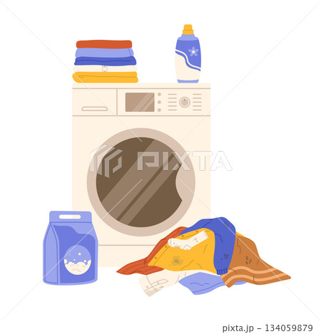 Washing machine and pile of laundry. Flat vector isolated illustration Washing machine and pile of laundry. Flat vector isolated illustration 134059879