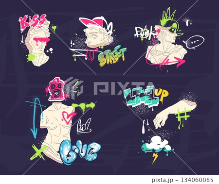 Statue street art. Greek roman sculpture modern urban graffiti artwork, david creative y2k aerosol spray painting contemporary exhibition t-shirt print design vector illustration Statue street art. Greek roman sculpture modern urban graffiti artwork, david creative y2k aerosol spray painting contemporary exhibition t-shirt print design vector illustration 134060085