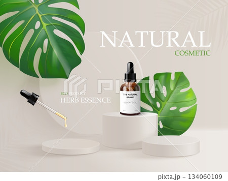 Natural cosmetic serum. Realistic essential oil on eco podium, cosmetics product brand advertising clean nature background herb essence skin care green leaves vector illustration Natural cosmetic serum. Realistic essential oil on eco podium, cosmetics product brand advertising clean nature background herb essence skin care green leaves vector illustration 134060109