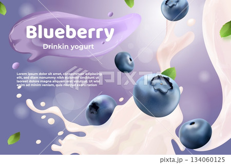 Blueberry yogurt. Realistic blueberries falling in cream milk splashes, yoghurt advertising banner smoothie fresh berry drink milkshake dairy product promotion vector illustration 134060125
