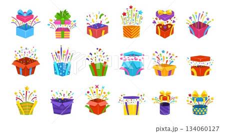 Cartoon giftbox confetti. Gift box explosion, pleasant surprise open present unbox sale concept holiday boxes case birthday christmas wrapping, gifts set kicky vector illustration Cartoon giftbox confetti. Gift box explosion, pleasant surprise open present unbox sale concept holiday boxes case birthday christmas wrapping, gifts set kicky vector illustration 134060127