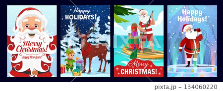 Christmas posters and greeting cards with cheerful Santa Claus, elf and reindeer cartoon characters in festive winter scenes, tropical adventure and musical stage performance. Vector holiday cards Christmas posters and greeting cards with cheerful Santa Claus, elf and reindeer cartoon characters in festive winter scenes, tropical adventure and musical stage performance. Vector holiday cards 134060220