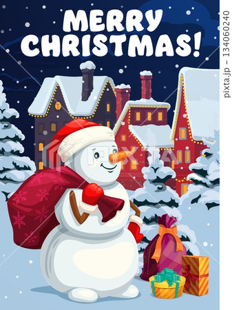 Merry Christmas and happy holidays greeting card with cartoon snowman character standing in a snowy winter town with festive houses, trees, warm lights, a red gift sack and presents on the ground Merry Christmas and happy holidays greeting card with cartoon snowman character standing in a snowy winter town with festive houses, trees, warm lights, a red gift sack and presents on the ground 134060240