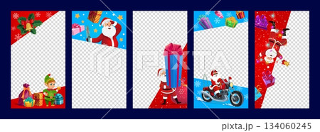 Christmas social media templates with funny Santa, holiday gifts and elf character, vector publication posts. Christmas media templates, cartoon Santa riding motorcycle with gifts and decorations Christmas social media templates with funny Santa, holiday gifts and elf character, vector publication posts. Christmas media templates, cartoon Santa riding motorcycle with gifts and decorations 134060245