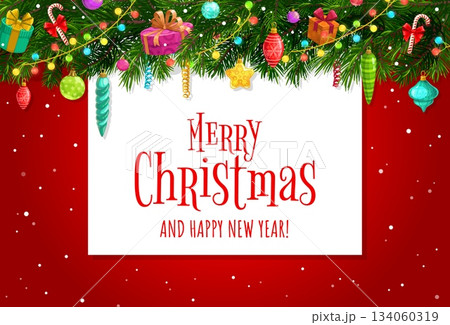 Merry Christmas greeting card for winter holiday with Xmas tree decorations, vector banner. Merry Christmas and Happy New Year greeting card of fir branch decorated with Santa gifts, baubles and stars 134060319