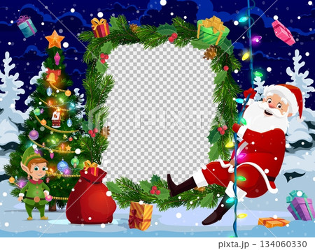 Christmas photo frame with funny Santa, elf and holiday decorated pine tree. Vector banner with space for your picture features festive elements like pine tree, elf, and Santa sliding down garland 134060330