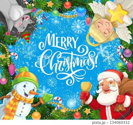 Merry Christmas greeting card with Xmas characters. Cartoon vector festive banner with smiling snowman, Santa with a bell, cute winter angel and a hedgehog. Pine branch frame, ornaments and snowflakes 134060332