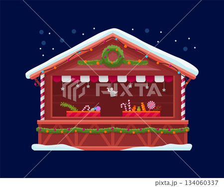 Christmas market booth with winter holiday treats or street bazaar kiosk stall, cartoon vector. Christmas market store booth or shop kiosk stand with candy canes and New Year confection sweets Christmas market booth with winter holiday treats or street bazaar kiosk stall, cartoon vector. Christmas market store booth or shop kiosk stand with candy canes and New Year confection sweets 134060337