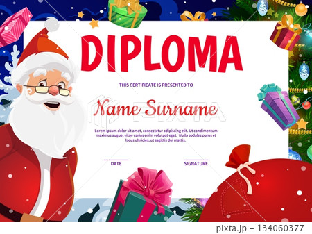 Christmas and winter holidays horizontal diploma certificate. Vector education school or kindergarten kids Xmas frame. Cartoon award diploma template with Santa character, gifts bag and pine tree Christmas and winter holidays horizontal diploma certificate. Vector education school or kindergarten kids Xmas frame. Cartoon award diploma template with Santa character, gifts bag and pine tree 134060377
