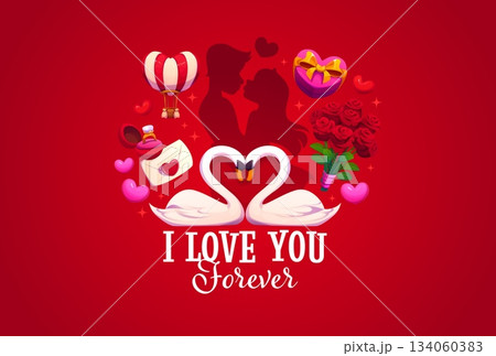 Valentine's day quote i love you forever. Romantic party vector greeting card, love day quote. Saint Valentine holiday saying with swans, rose flowers, engagement ring and couple in love silhouette 134060383