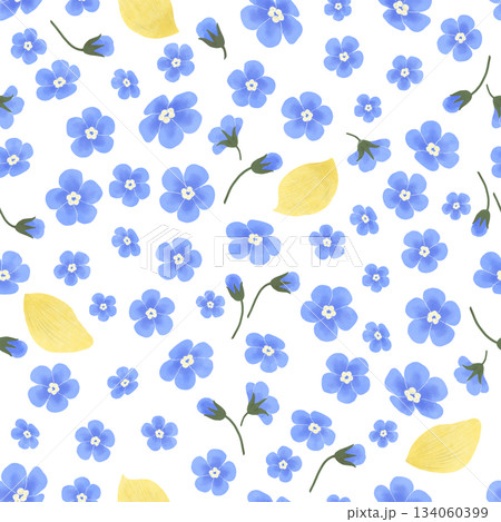 Floral seamless pattern with blue forget-me-nots, yellow flower petals. Hand-drawn digital illustration in flat naive style. For design Floral seamless pattern with blue forget-me-nots, yellow flower petals. Hand-drawn digital illustration in flat naive style. For design 134060399